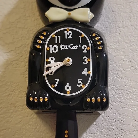 Jeweled Kit-Cat Klock with GLOW IN THE DARK BOWTIE & two tails RARE CLOCK